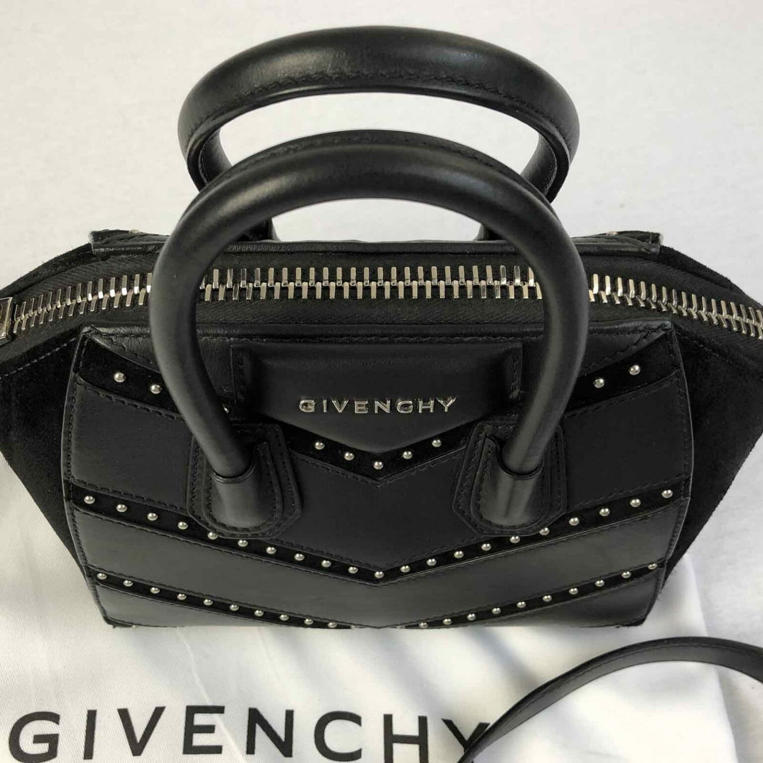 Givenchy Antigona Mini Studded Black Suede and Leather Silver Hardware