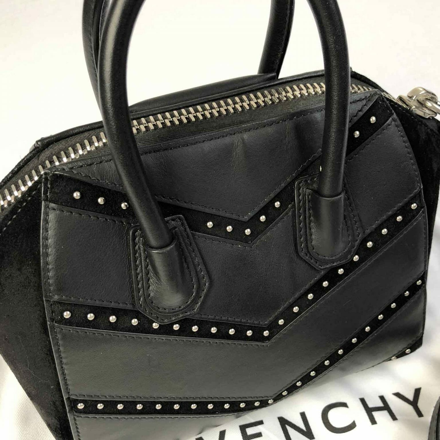 Givenchy Antigona Mini Studded Black Suede and Leather Silver Hardware