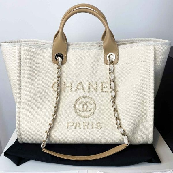 Chanel Pearl Deauville Tote Bag Ecru Beige front handbagholic
