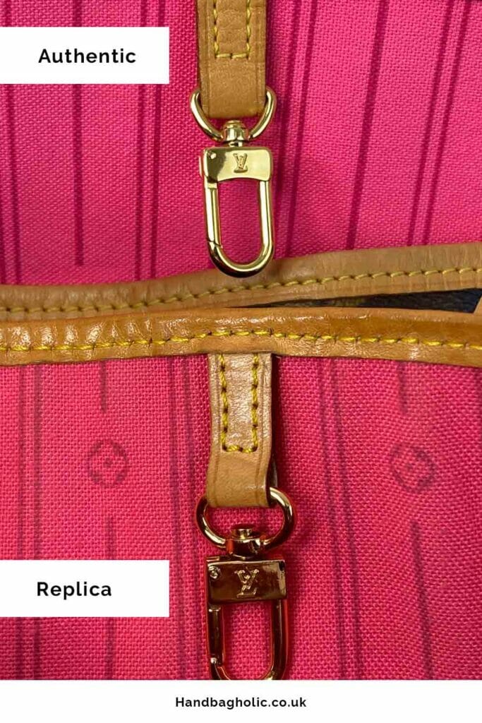 close up hardware clip fastening of real and replica louis vuitton neverfull