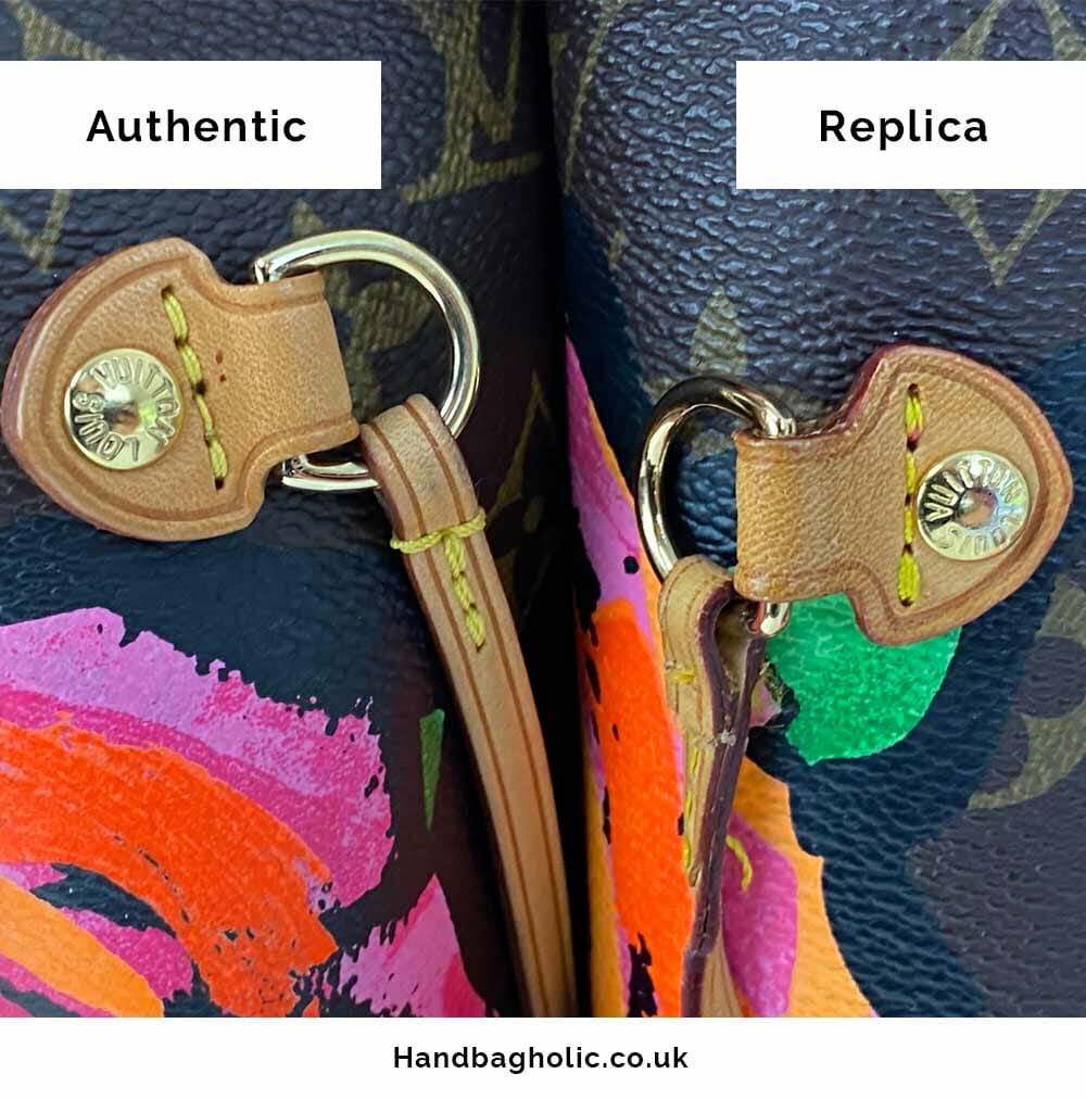 side leather straps detail comparison between real and fake lv neverfull bag