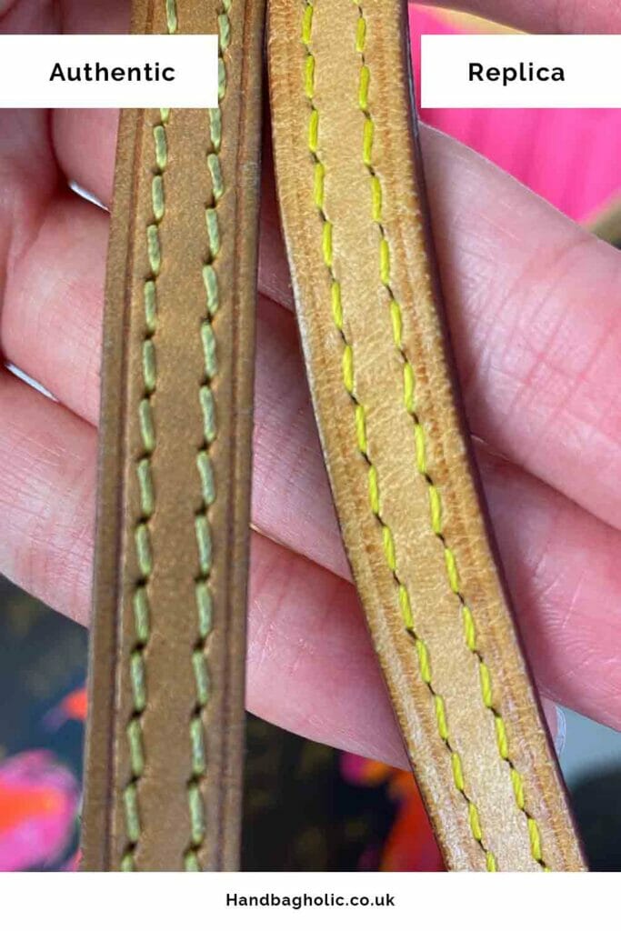 Louis Vuitton Neverfull MM real vs Fake Strap Close Up Stitching Detail on Straps