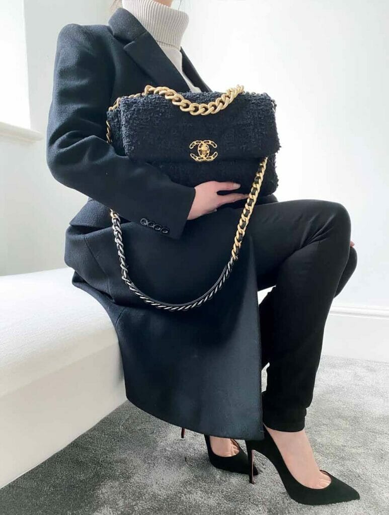 Chanel 19 bag black tweed large with black coat winter outfit