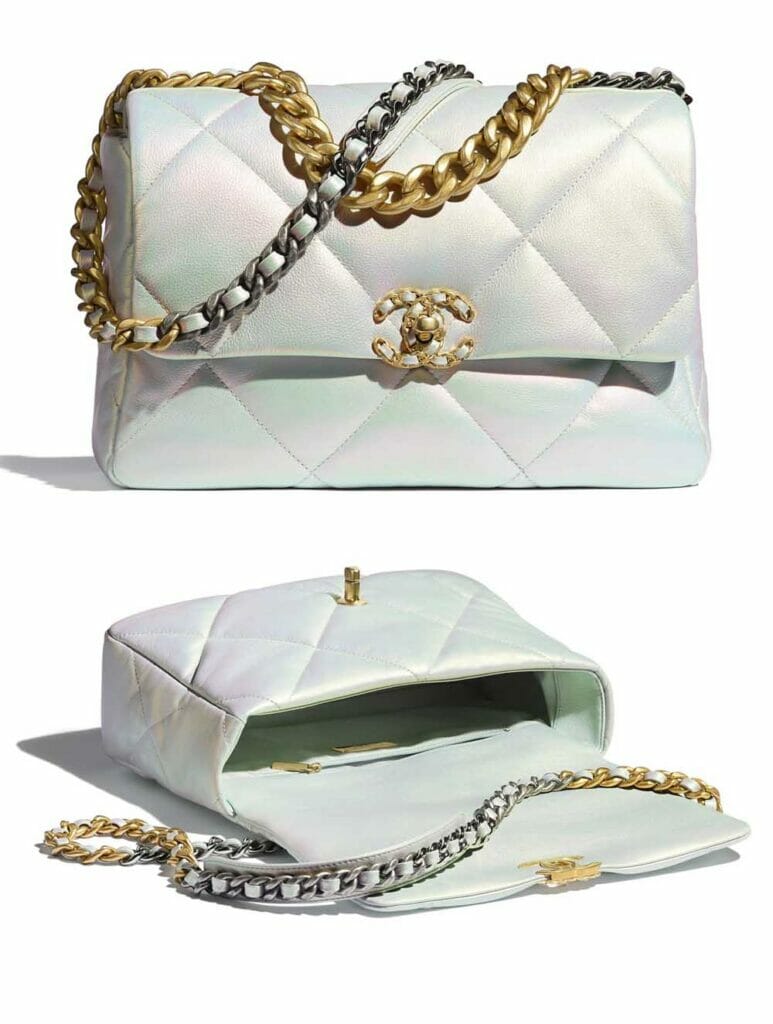 Chanel White Iridescent Calfskin Medium Chanel 19 Flap Bag