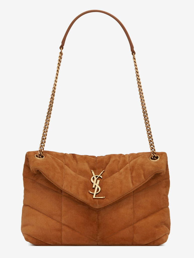 YSL Puffer Bag Small Suede in colour cinnamon with gold hardware