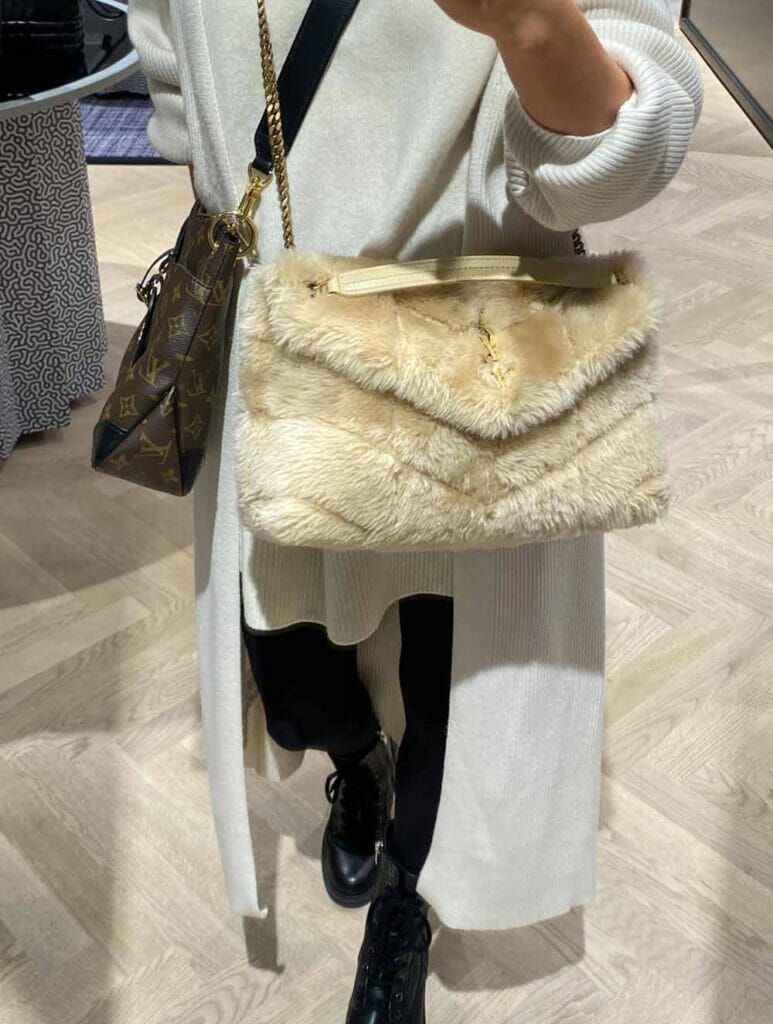 YSL Shearling puffer bag medium being worn