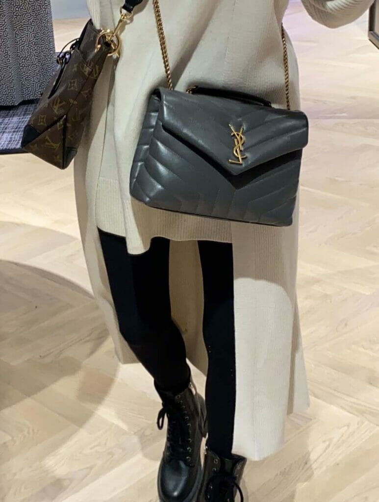 YSL small loulou bag being worn storm grey