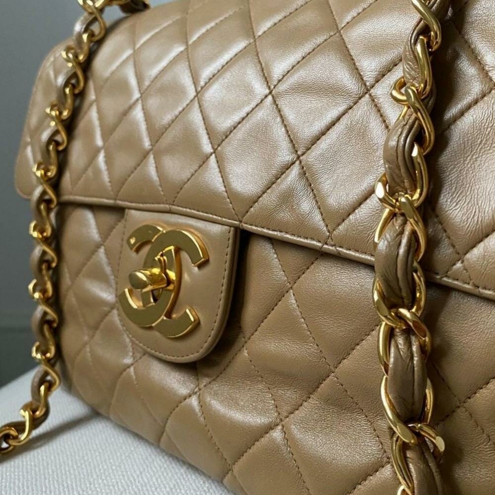 Chanel Medium Classic Double Flap Bag Beige Lambskin Light Gold Hardware