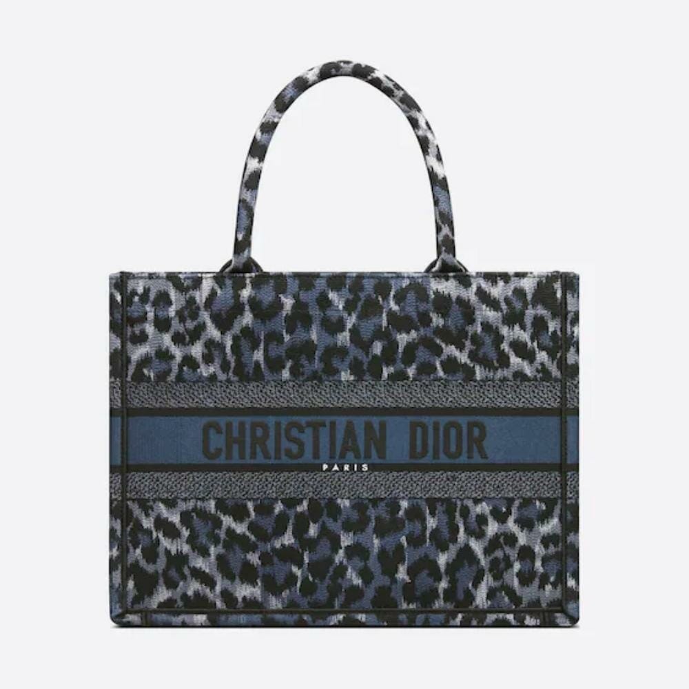 Medium Dior Book Tote Bag Blue and Black Mizza Embroidery