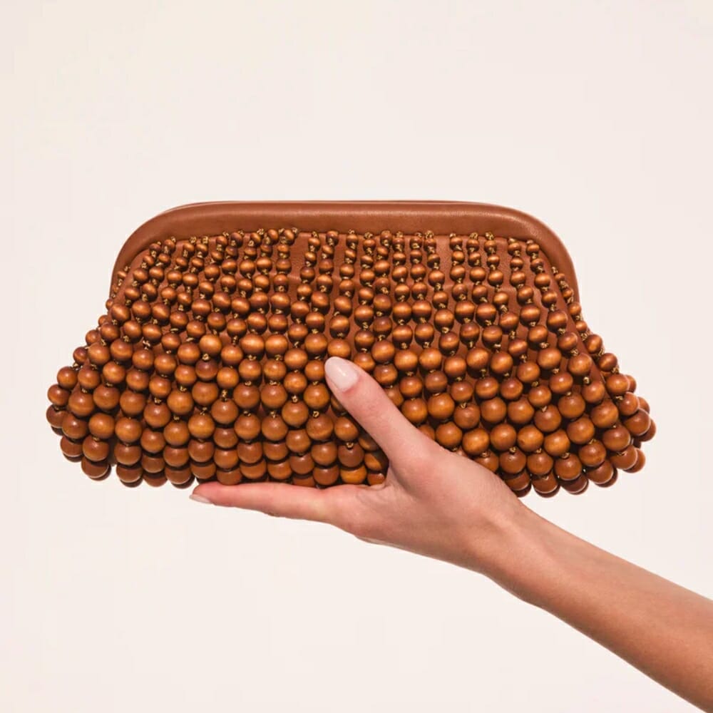 Cult Gaia Nia Beaded Leather Clutch in Chestnut