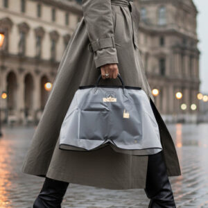 woman in paris in trench coat carrying black bag with luxawl rain cover in clear
