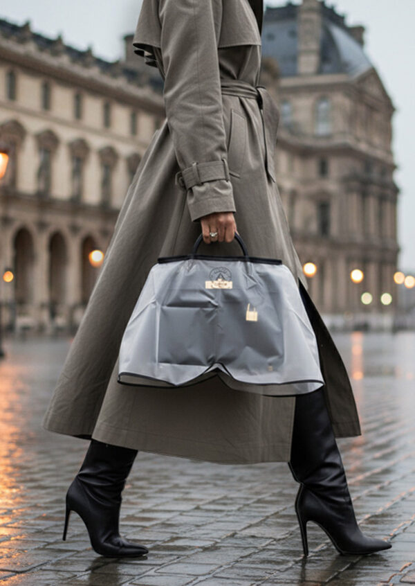 woman in paris in trench coat carrying black bag with luxawl rain cover in clear