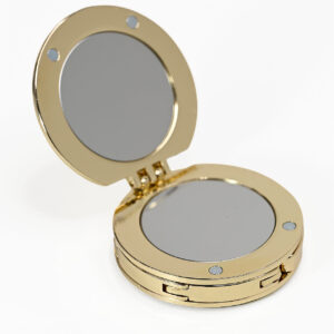 Gold table bag hook open revealing mirror inside luxawl
