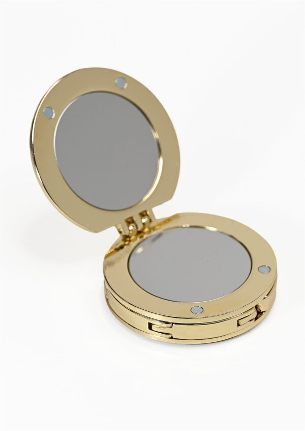 Gold table bag hook open revealing mirror inside luxawl